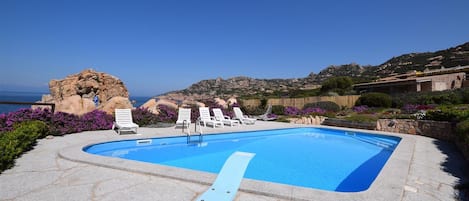 Seasonal outdoor pool, pool loungers