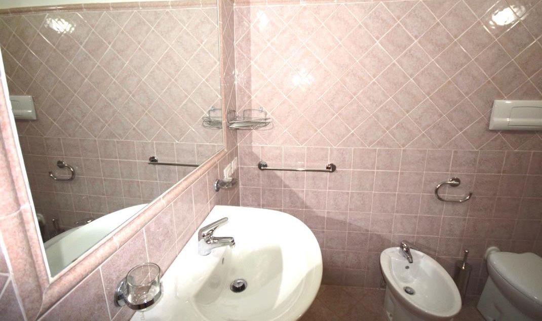 A bathroom with two sinks, a mirror, and a toilet.