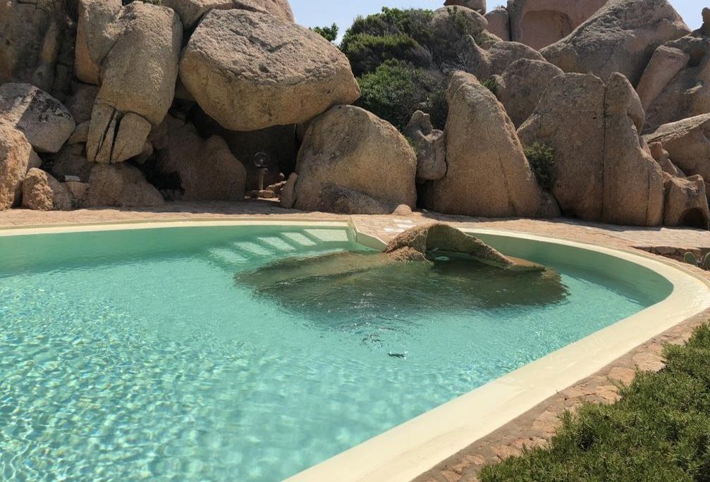 A clear pool with a curved edge, surrounded by large rocks and greenery.