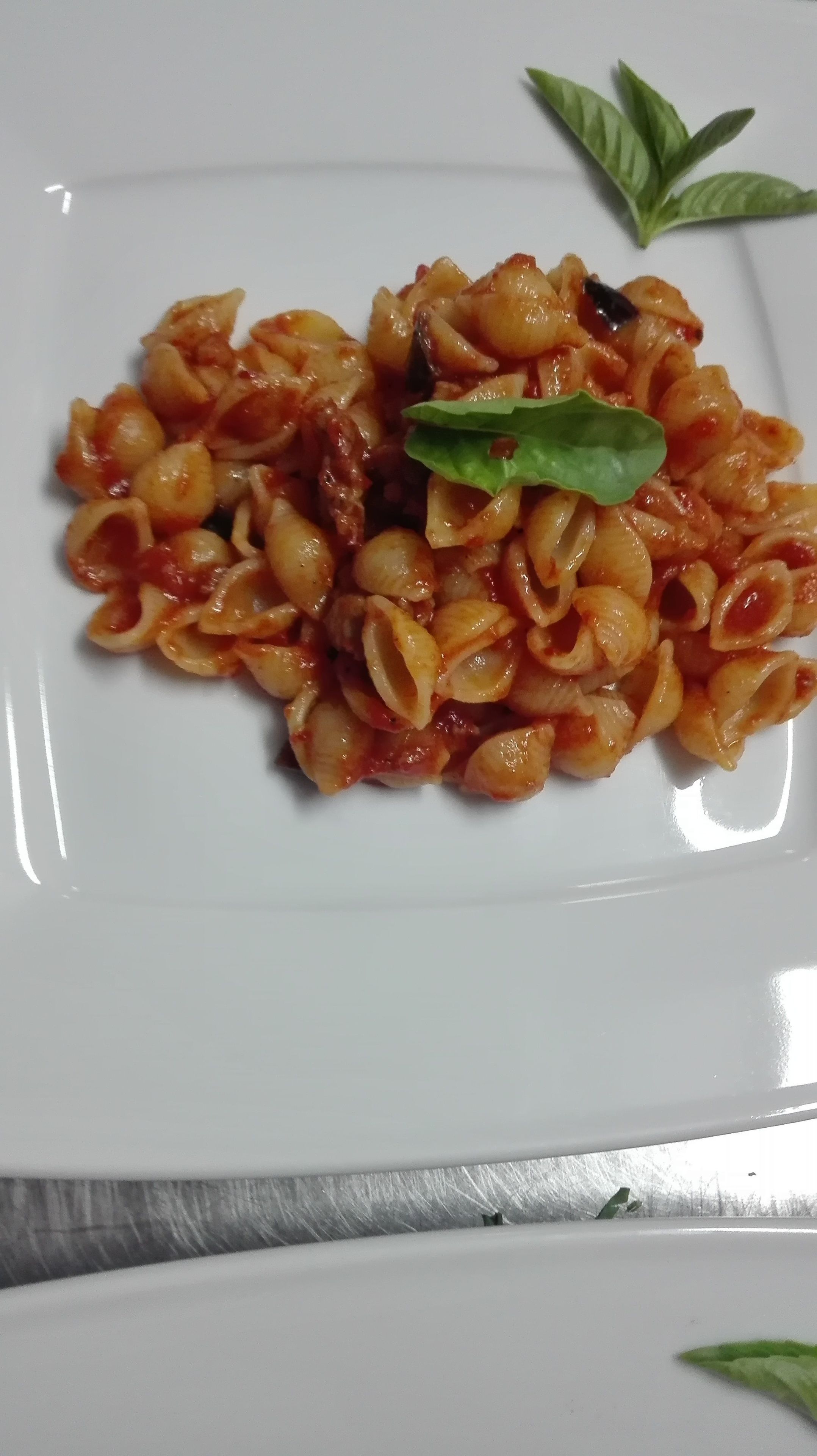 A plate of pasta with a basil leaf garnish.