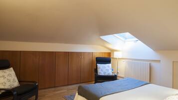 A bedroom with a skylight, a bed, a chair, and a wardrobe.