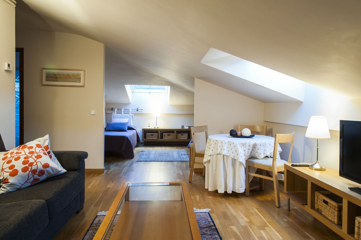 Una sala de estar acogedora con sofá, mesa de comedor y televisor. Hay un tragaluz sobre la zona del comedor.