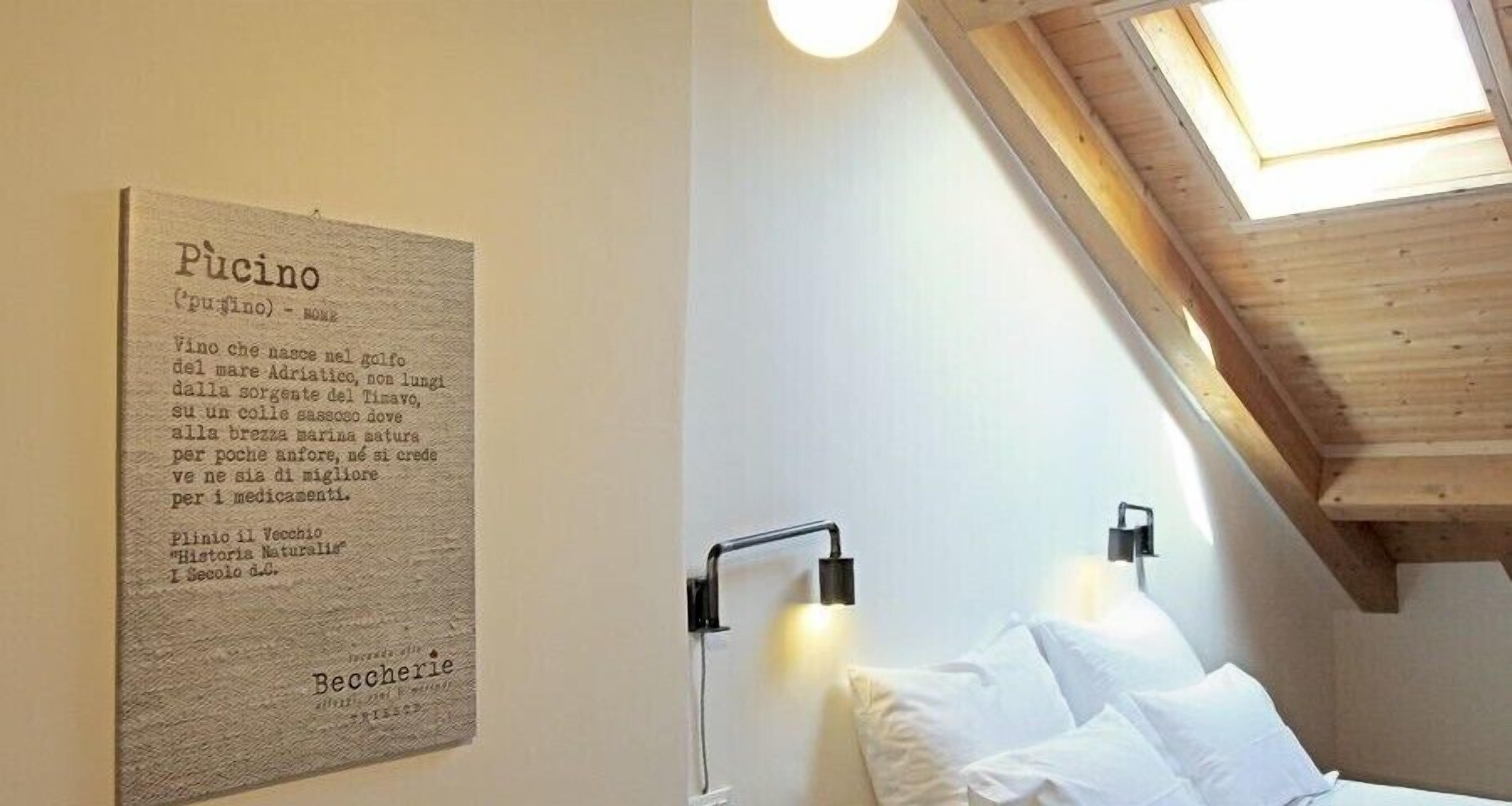 Un dormitorio con techo alto y tragaluz. Un texto enmarcado en la pared dice "Pucino" y "Beccerie".