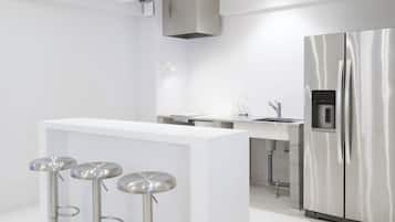 Fridge, microwave, stovetop, toaster oven