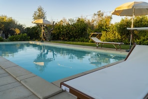 Seasonal outdoor pool, pool umbrellas, pool loungers