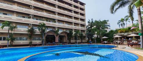 Outdoor pool, open 9 AM to 9 PM, pool umbrellas, pool loungers