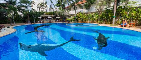 Outdoor pool, open 9 AM to 9 PM, pool umbrellas, sun loungers