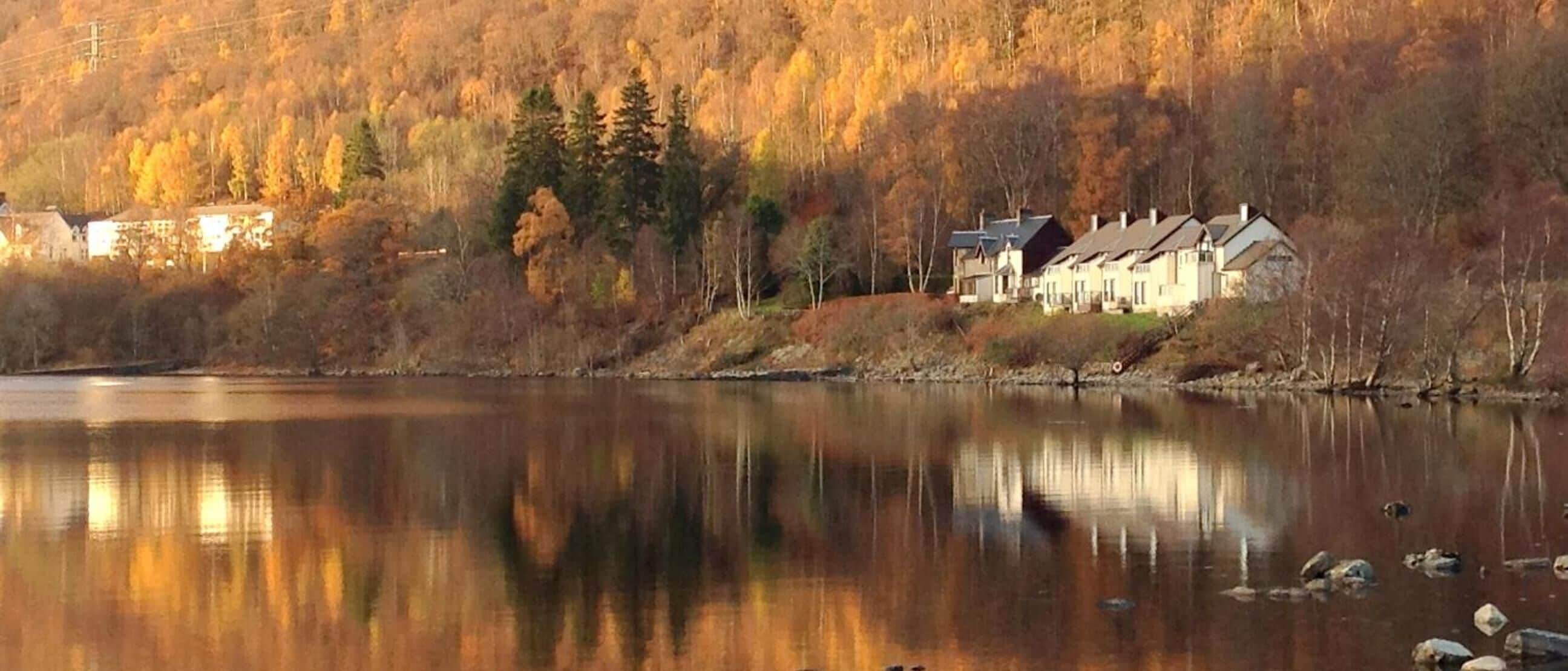 A lakeside property with a row of houses along the shore, surrounded by autumn foliage.