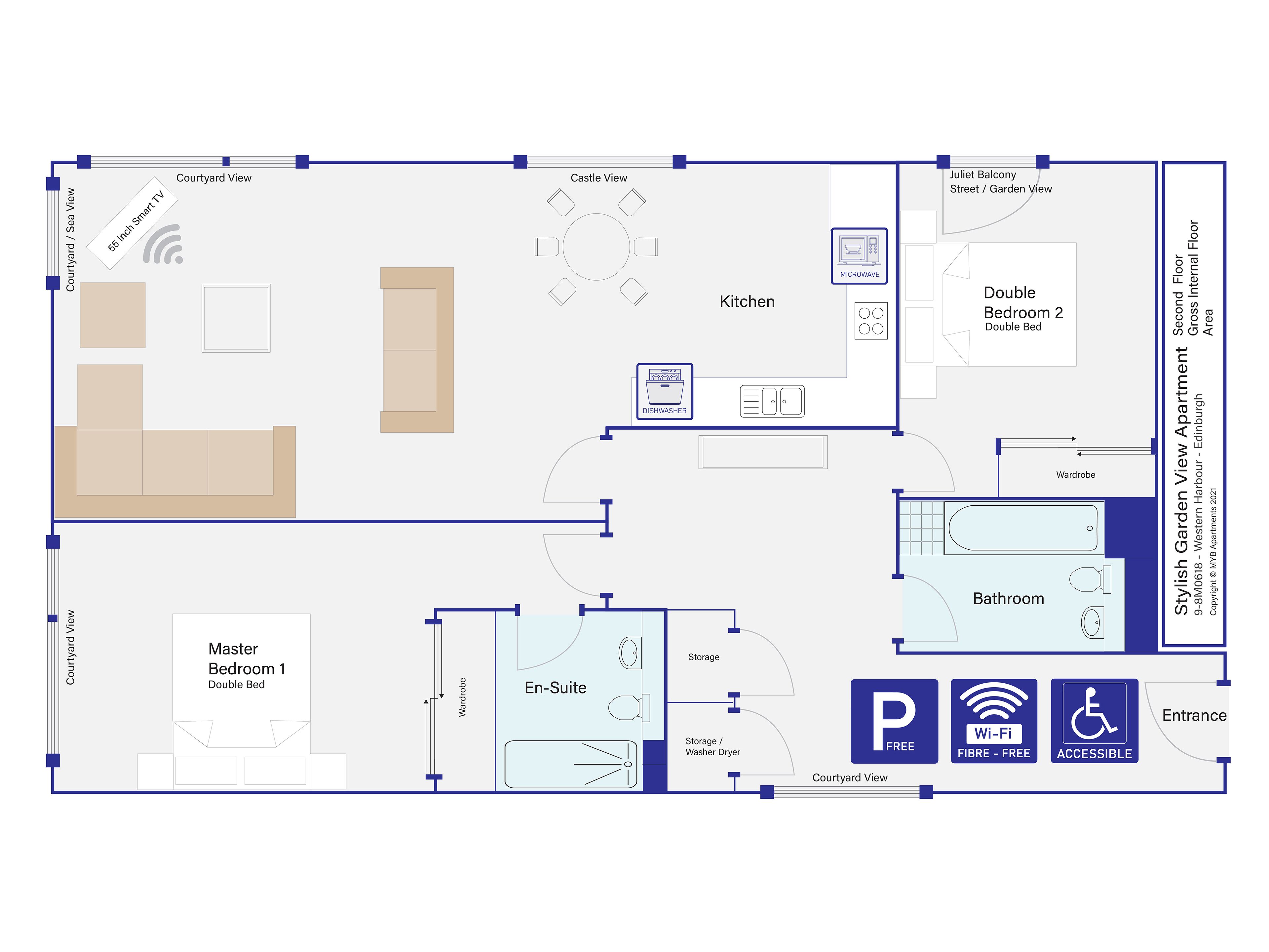 A floor plan of a stylish garden view apartment with a master bedroom, en-suite bathroom, kitchen, and courtyard views.