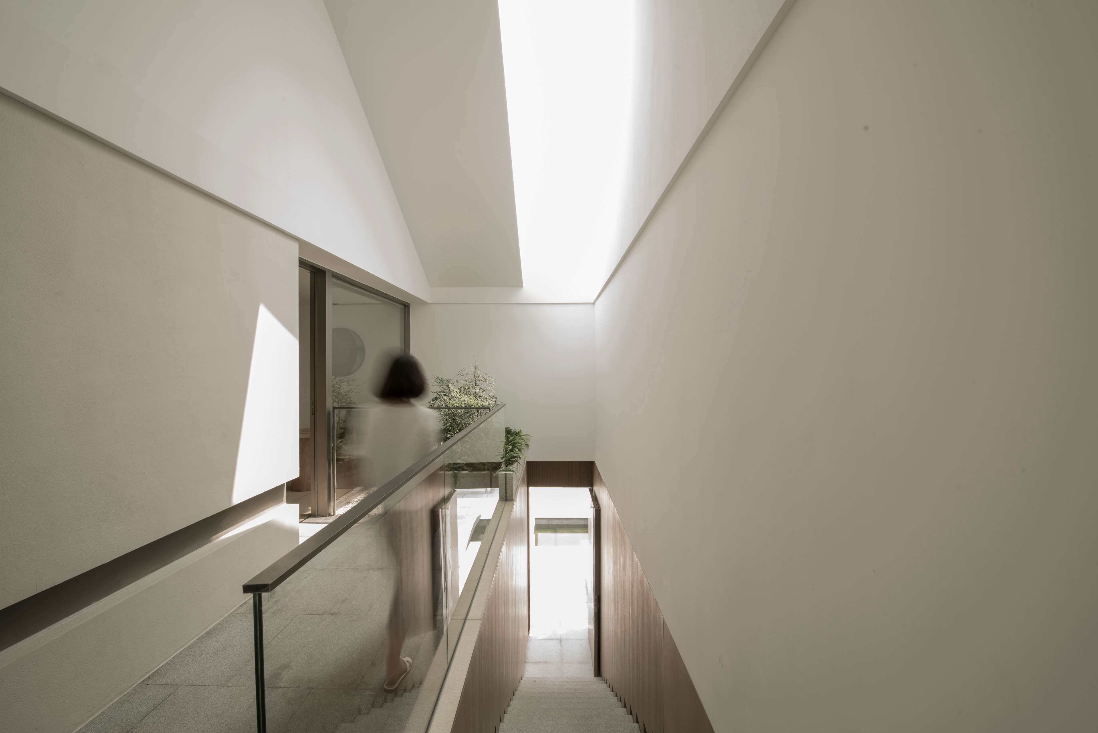 Un interior moderno con una escalera que sube a un nivel superior, barandilla de vidrio y una planta sobre la barandilla.