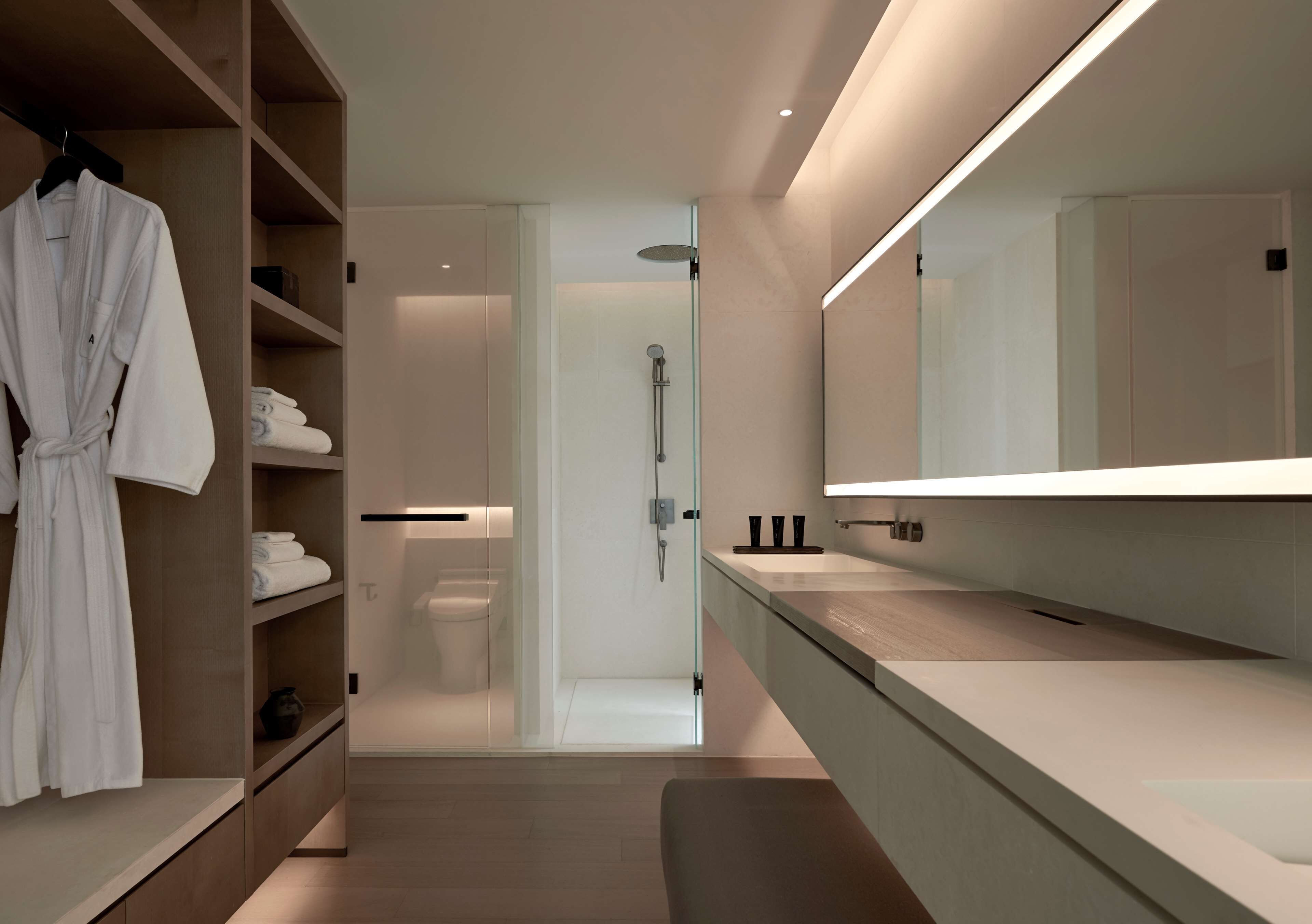 A modern bathroom with a walk-in shower, a large mirror, and a robe rack.