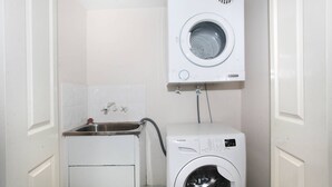 Un espace buanderie compact comprenant un lave-linge et un évier.