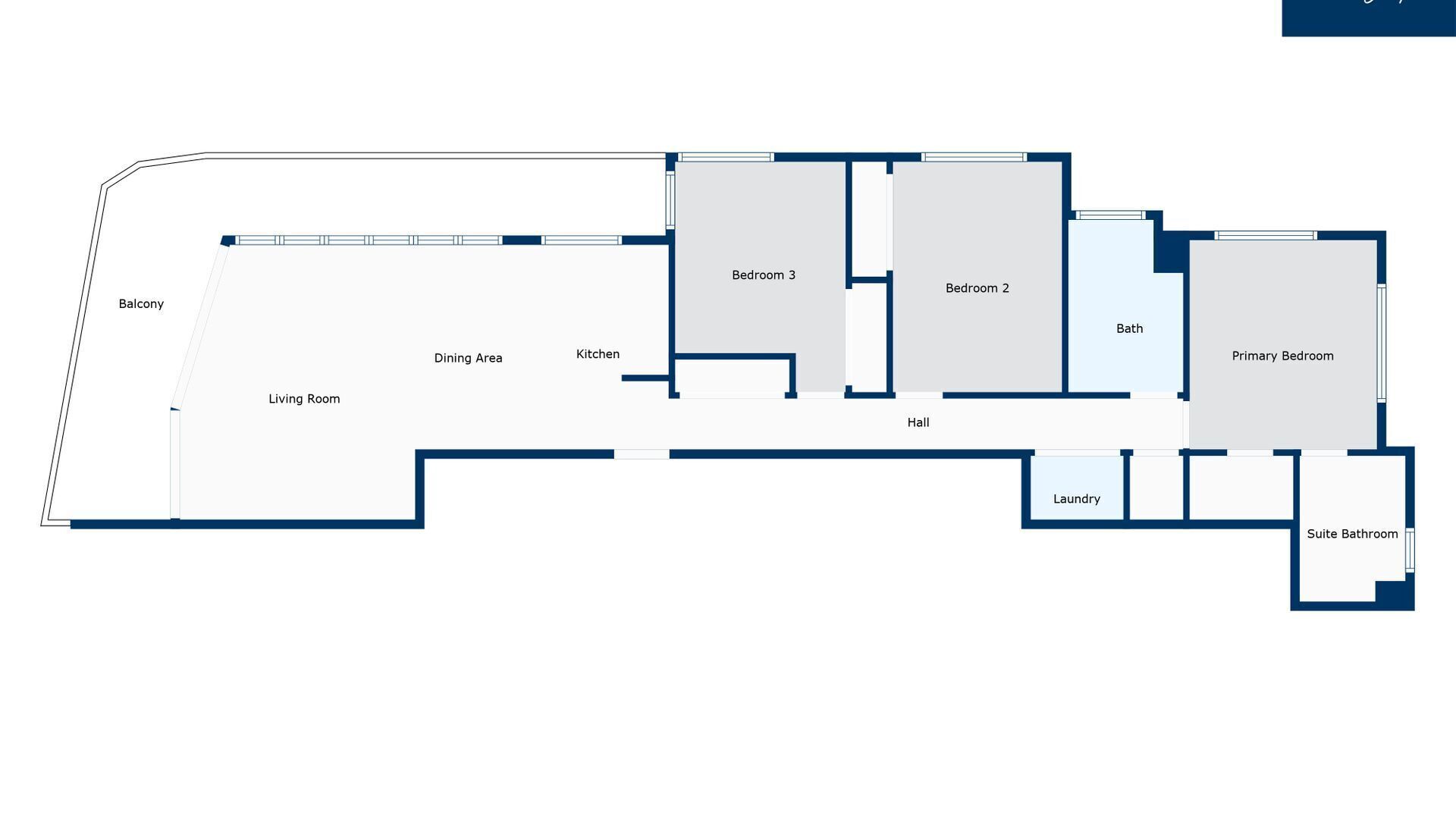 A hotel layout with a balcony, dining area, kitchen, three bedrooms, a bathroom, a laundry room, a hall, and a suite bathroom.
