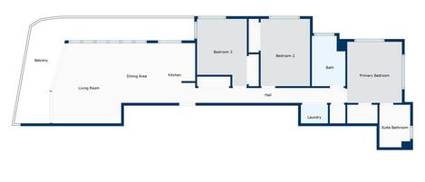 A hotel layout with a balcony, dining area, kitchen, three bedrooms, a bathroom, a laundry room, a hall, and a suite bathroom.
