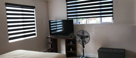 A bedroom with a bed, a TV, a standing fan, and two windows with blinds.