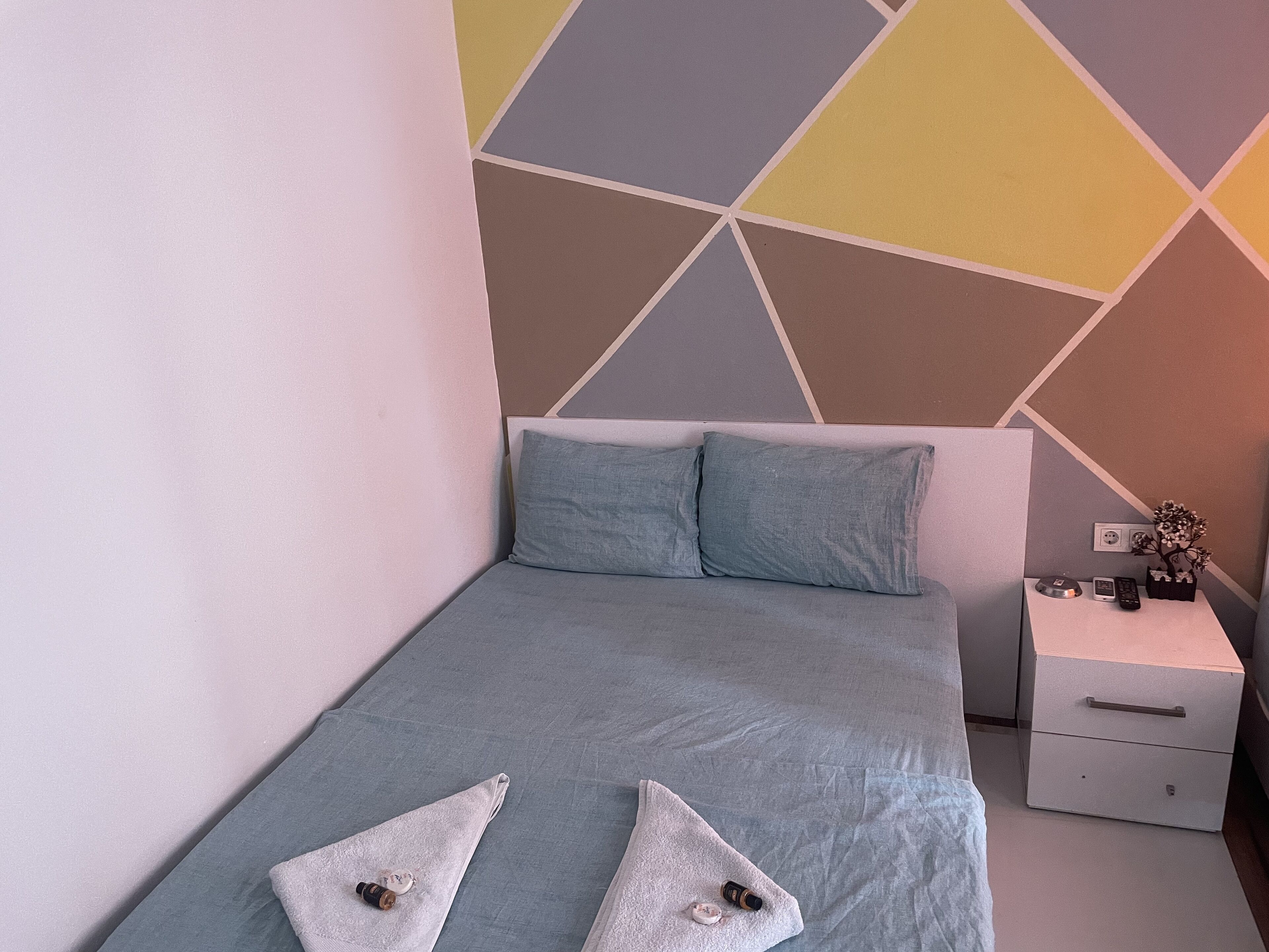 A neatly made bed with two pillows, a bedside table with a plant, and a wall with a geometric pattern.