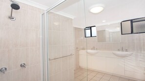 Combined shower/bathtub, hair dryer, towels