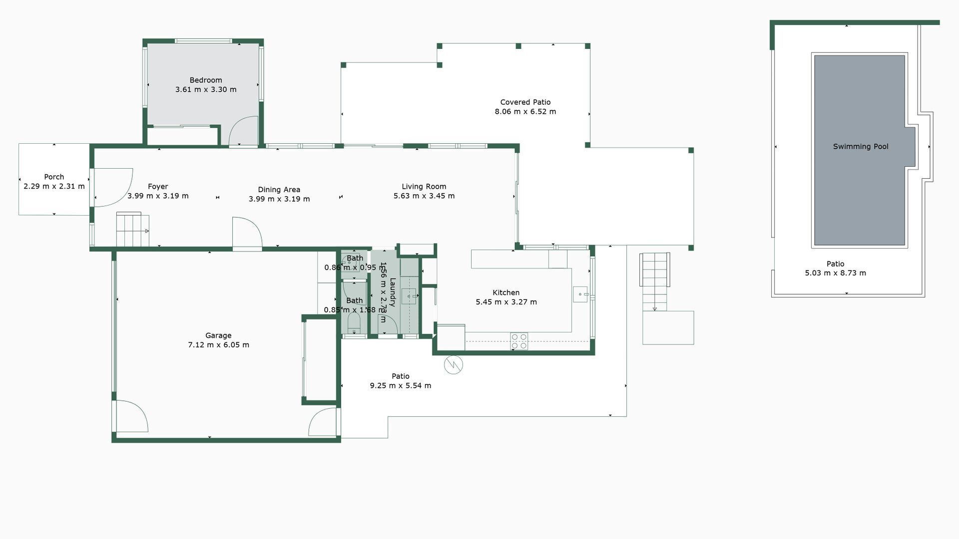 A floor plan with a bedroom, covered patio, dining area, living room, kitchen, bathroom, foyer, porch, garage, and a swimming pool.