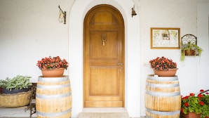 A wooden door with a metal knocker, flanked by two large barrels with potted plants. - Zà Culetta (Rocca San Giovanni)