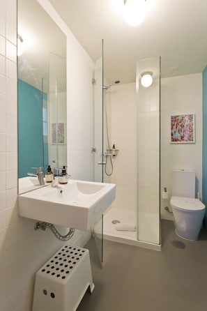 Regadera, secadora de cabello, toallas, papel de baño