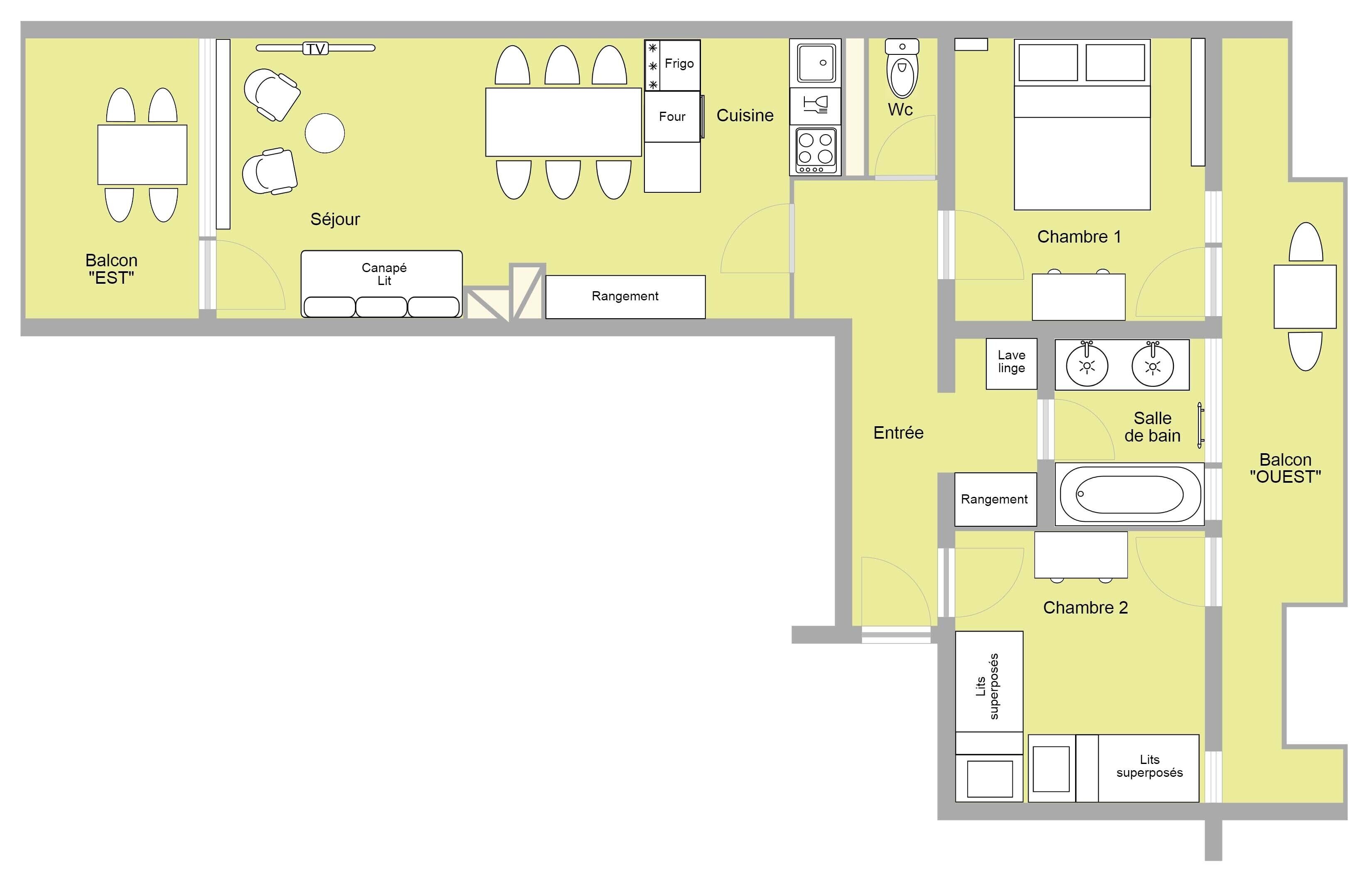 Et hotelplantegning med balkon, eget badeværelse, bruseniche, to soveværelser, opholdsstue, køkken og spiseområde.