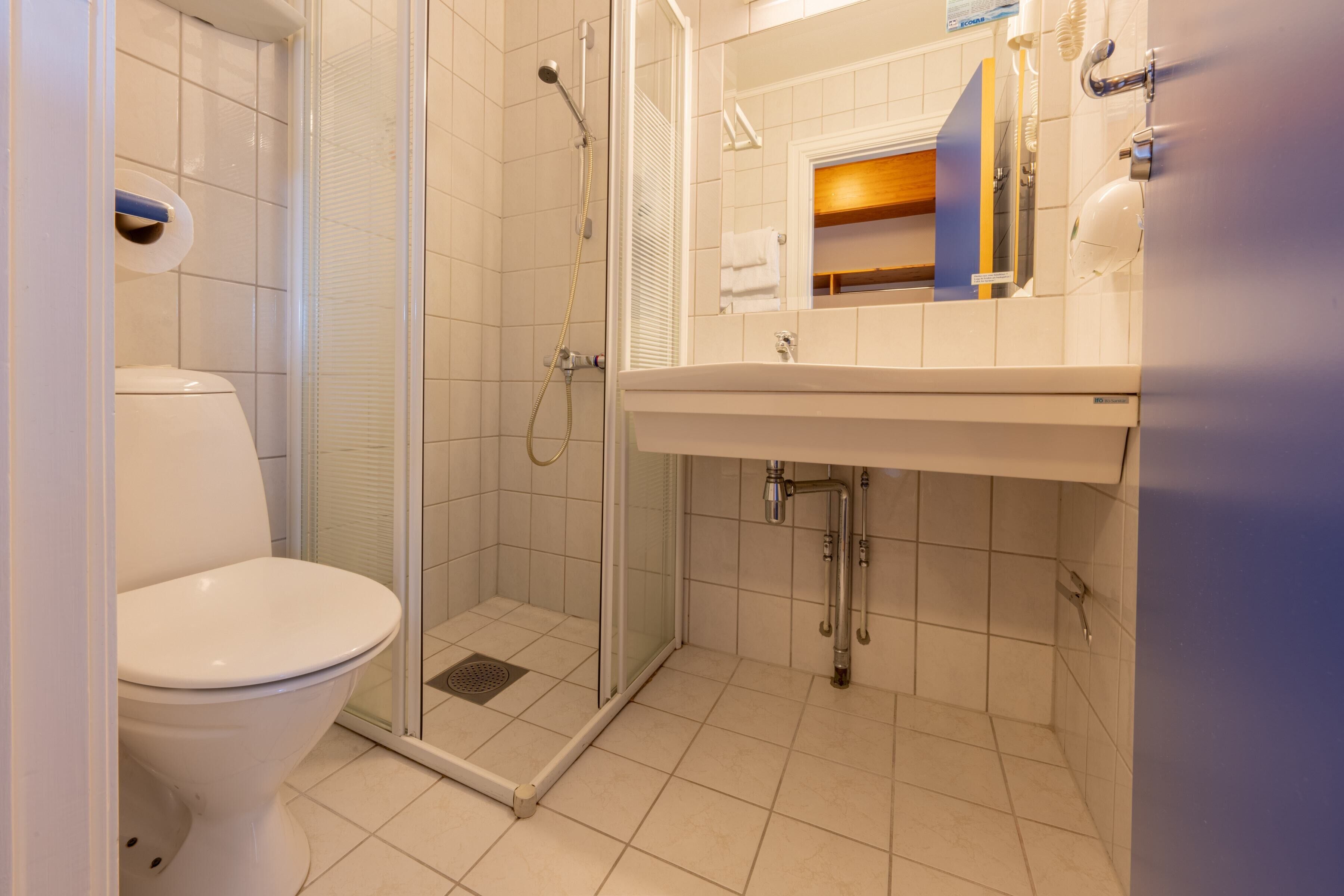 A modern bathroom with a toilet, glass-enclosed shower, and a sink with a mirror above it.