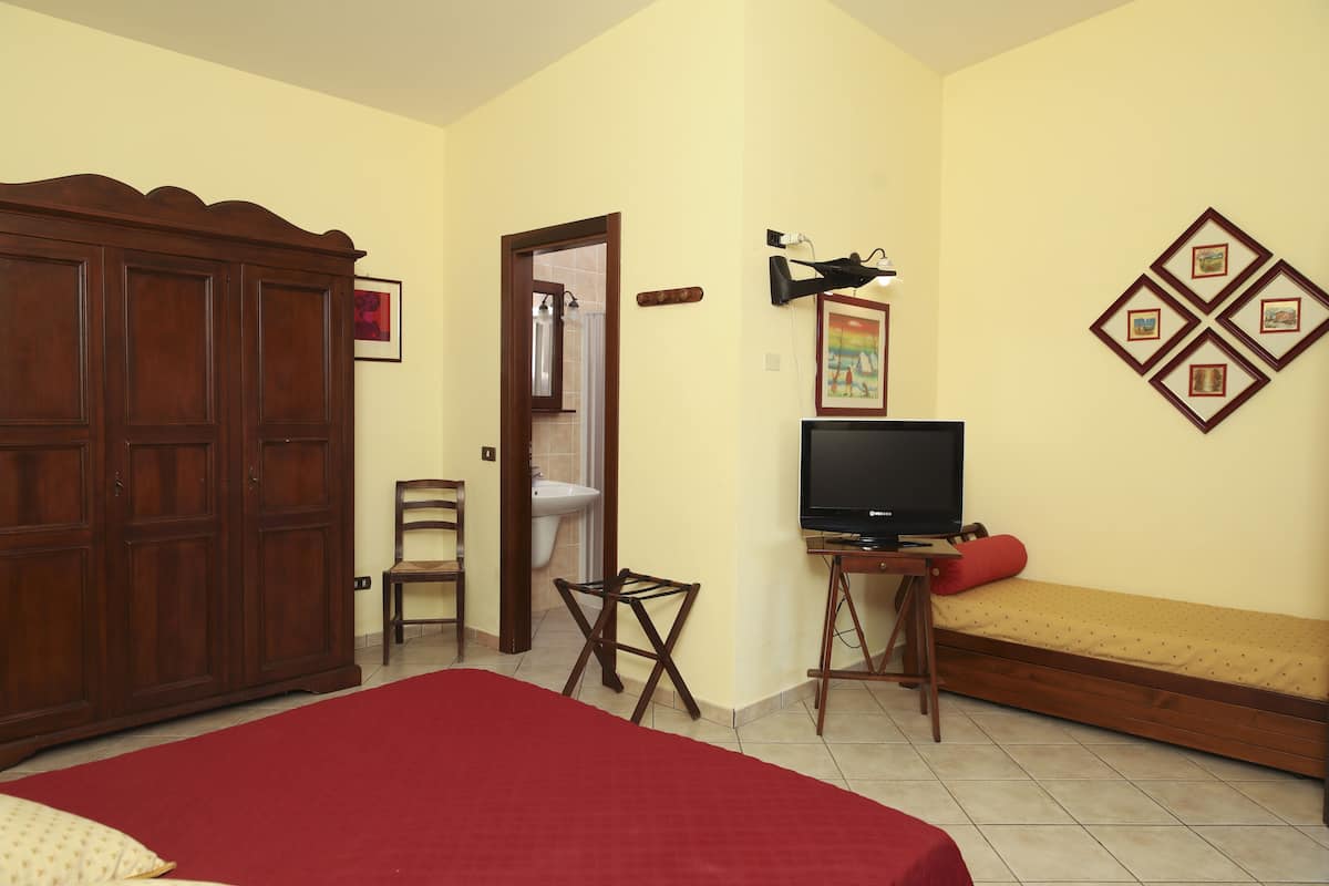 A bedroom with a bed, a TV, a wooden wardrobe, a chair, and a small table.