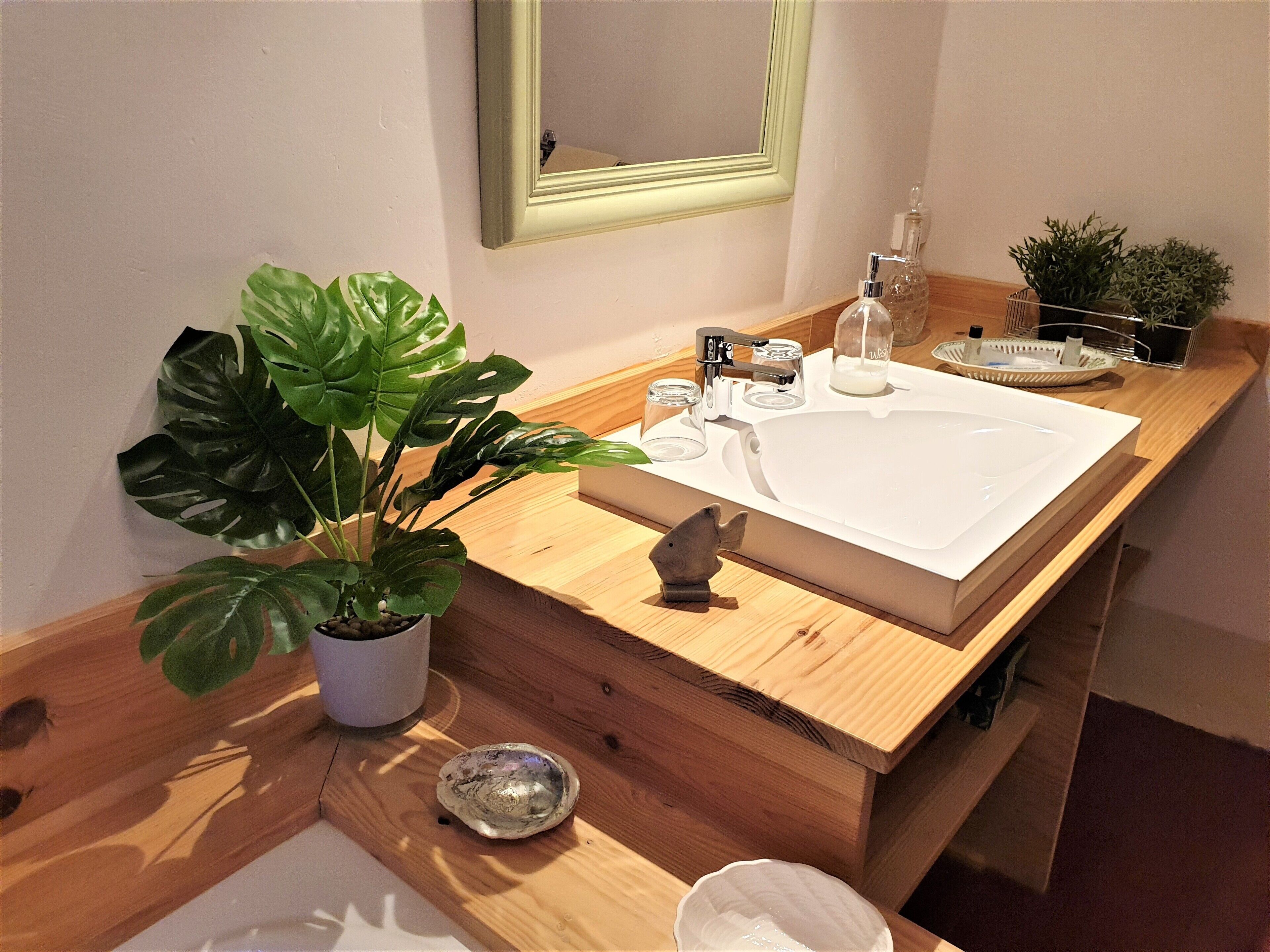 Bagno con un mobile vanitario in legno, un lavandino, uno specchio, una pianta in vaso e un piccolo pesce decorativo.
