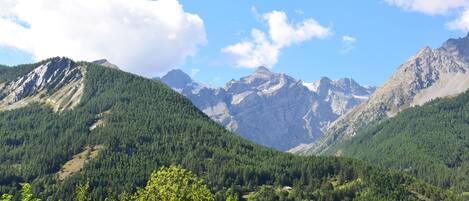 A mountainous landscape with dense forests and clear blue skies.