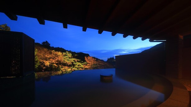 A view from a covered outdoor area with a pool, overlooking a hillside with autumn foliage. - Unzen Fukudaya (Unzen)