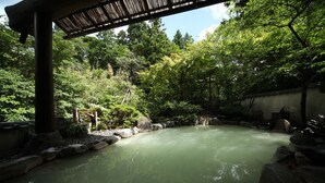 A tranquil garden with a pond, surrounded by rocks and lush greenery. - Unzen Fukudaya (Unzen)