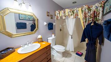 A bathroom with a wooden vanity, a white sink, a mirror with lights, a toilet, a shower with a curtain, and a robe hanging on a rack.
