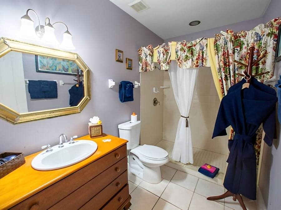 A bathroom with a wooden vanity, a white sink, a mirror with lights, a toilet, a shower with a curtain, and a robe hanging on a rack.