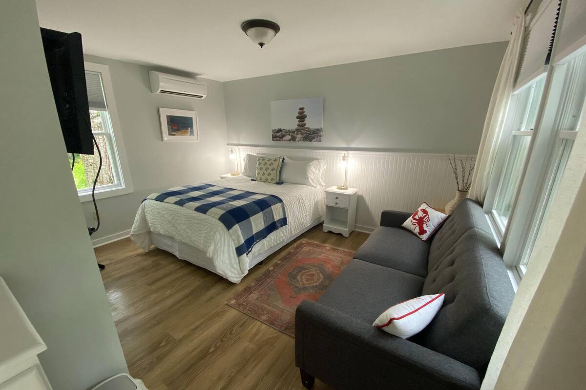 A bedroom with a bed, a sofa, a nightstand, an air conditioner, a window, and a ceiling light.