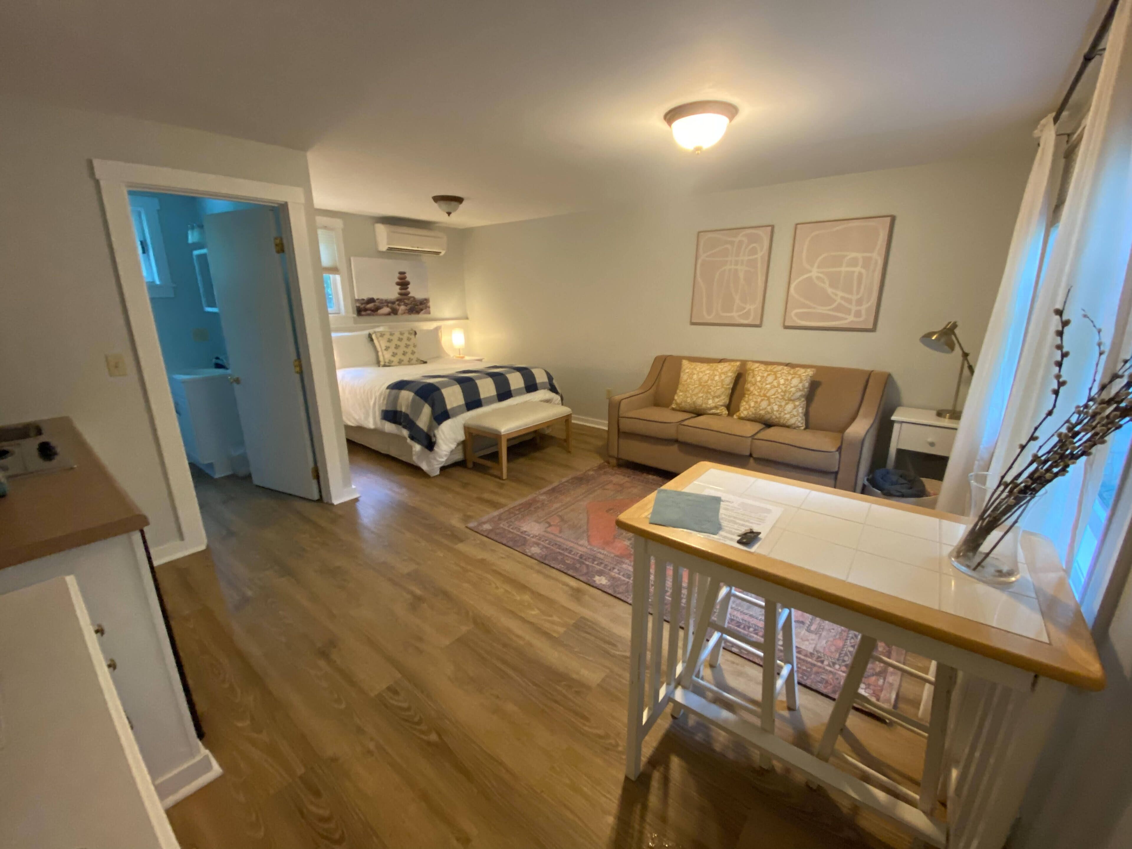 A cozy living room with a bed, a sofa, a dining table, and a kitchen area.