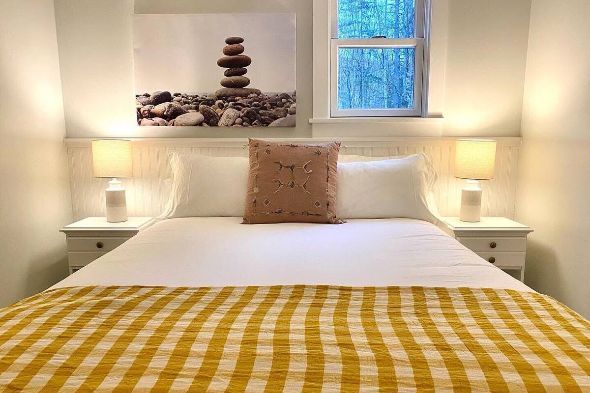 A neatly made bed with a checkered bedspread, two bedside lamps, a decorative pillow, and a window with a view of trees.