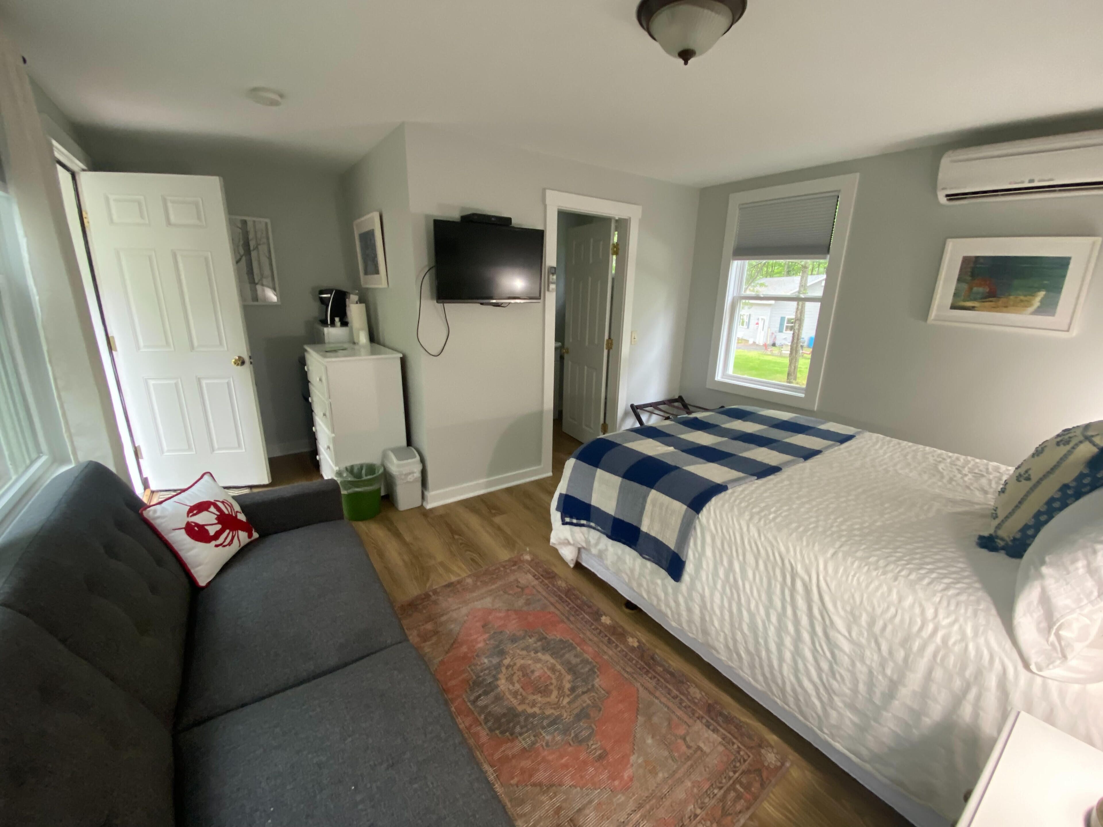 A bedroom with a bed, a sofa, a television, a window, and a door.