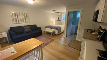 A compact living space with a sofa, a small dining table, a bed, and a kitchenette.