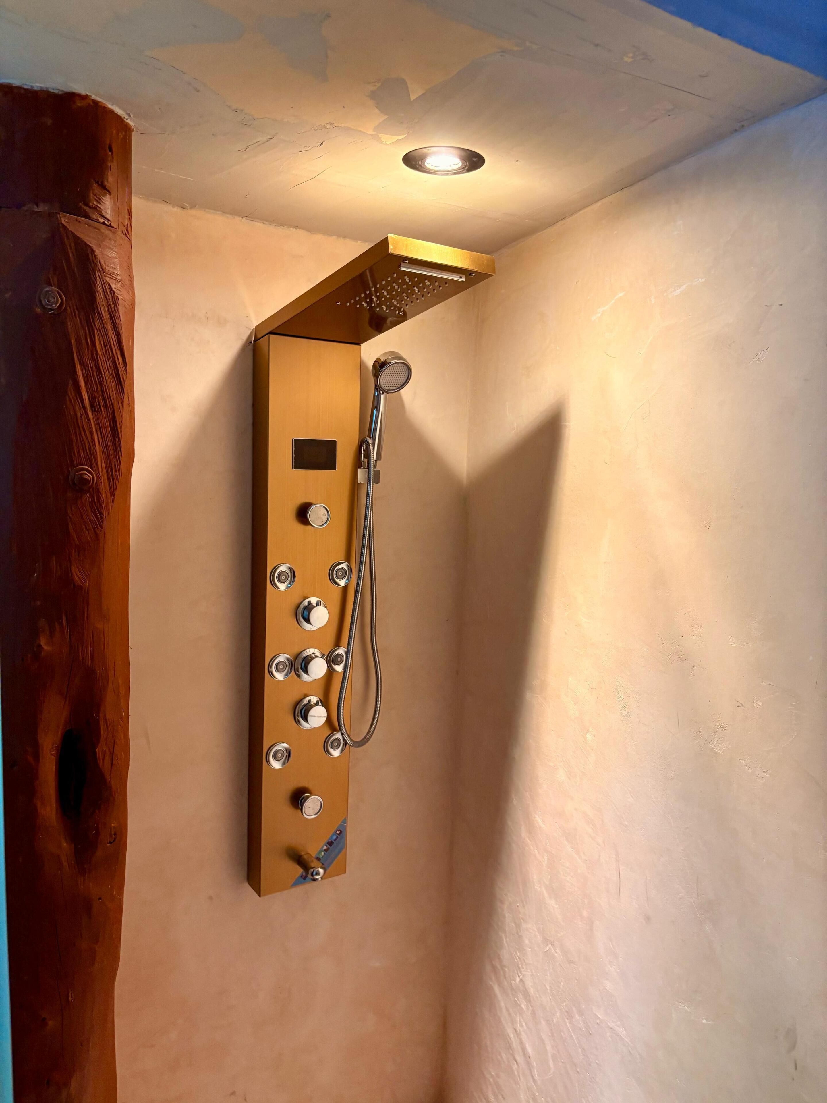 Una ducha con panel de control, pared de madera y luz en el techo.
