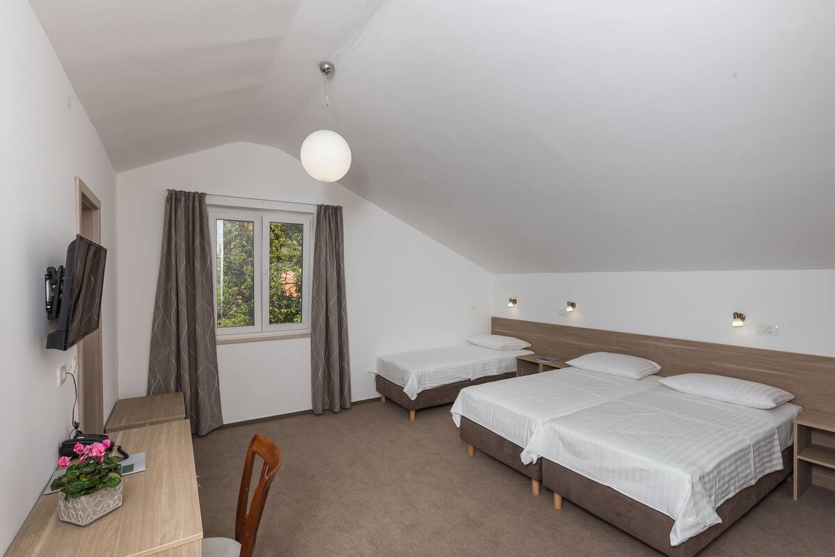 A bedroom with two beds, a desk, a TV, and a window with curtains.
