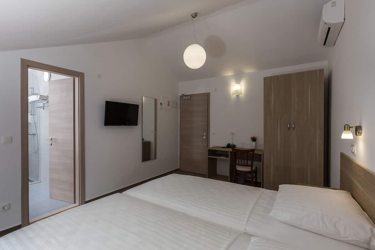 A hotel room with a bed, a desk, a chair, a wardrobe, a television, and a bathroom with a shower.