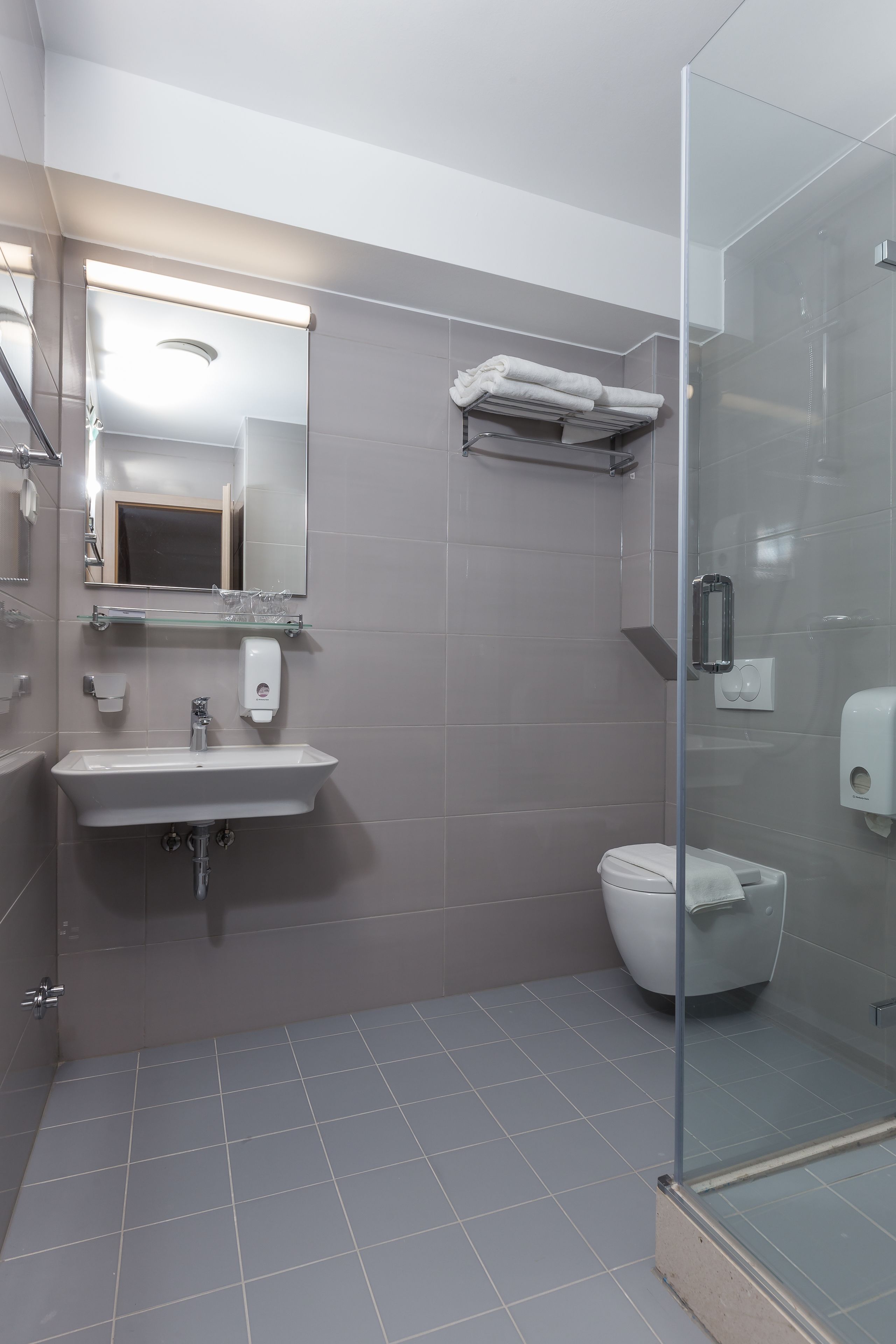 Un baño moderno con cabina de ducha de vidrio, un lavabo blanco y un inodoro.