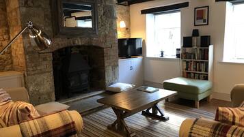 Smart TV, fireplace, books, music library
