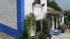 A traditional building with a white facade and blue trim, featuring a window, a door, and a small balcony with potted plants.