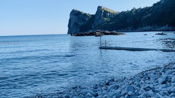 On the beach, sun-loungers, beach towels