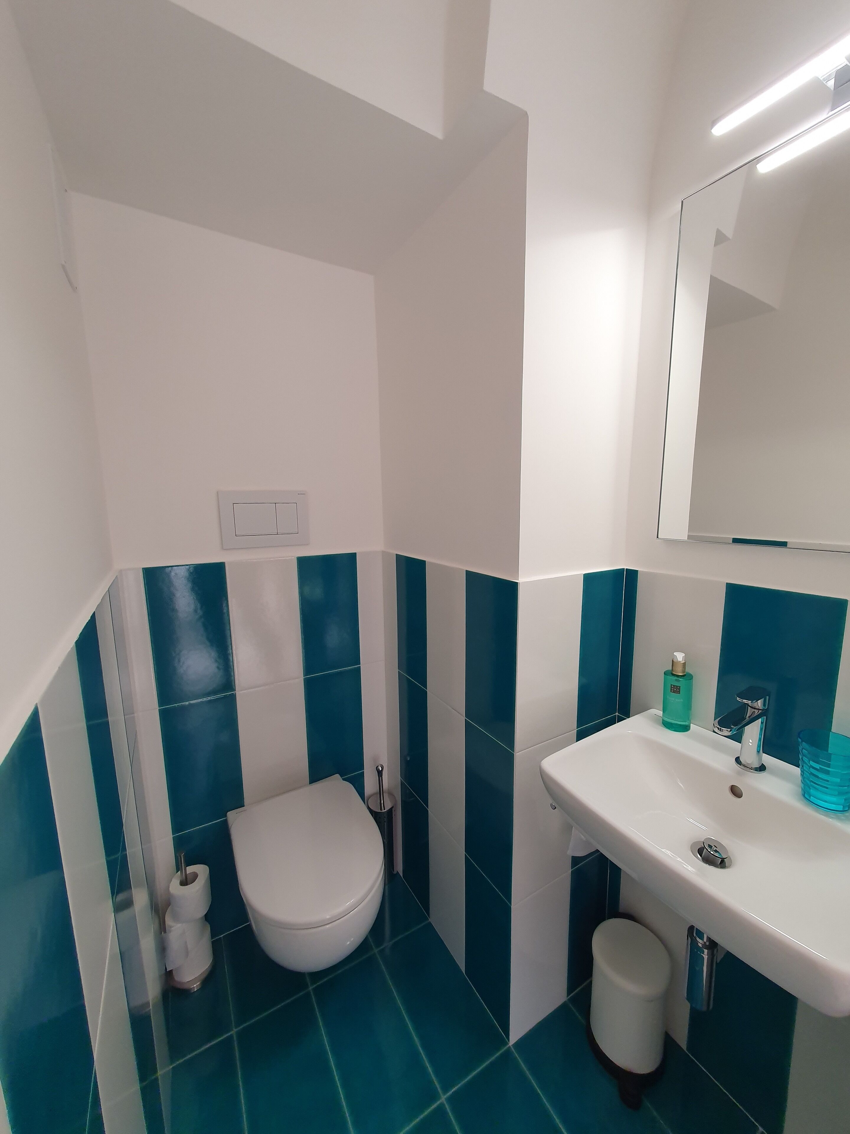 A bathroom with a toilet, sink, and mirror.