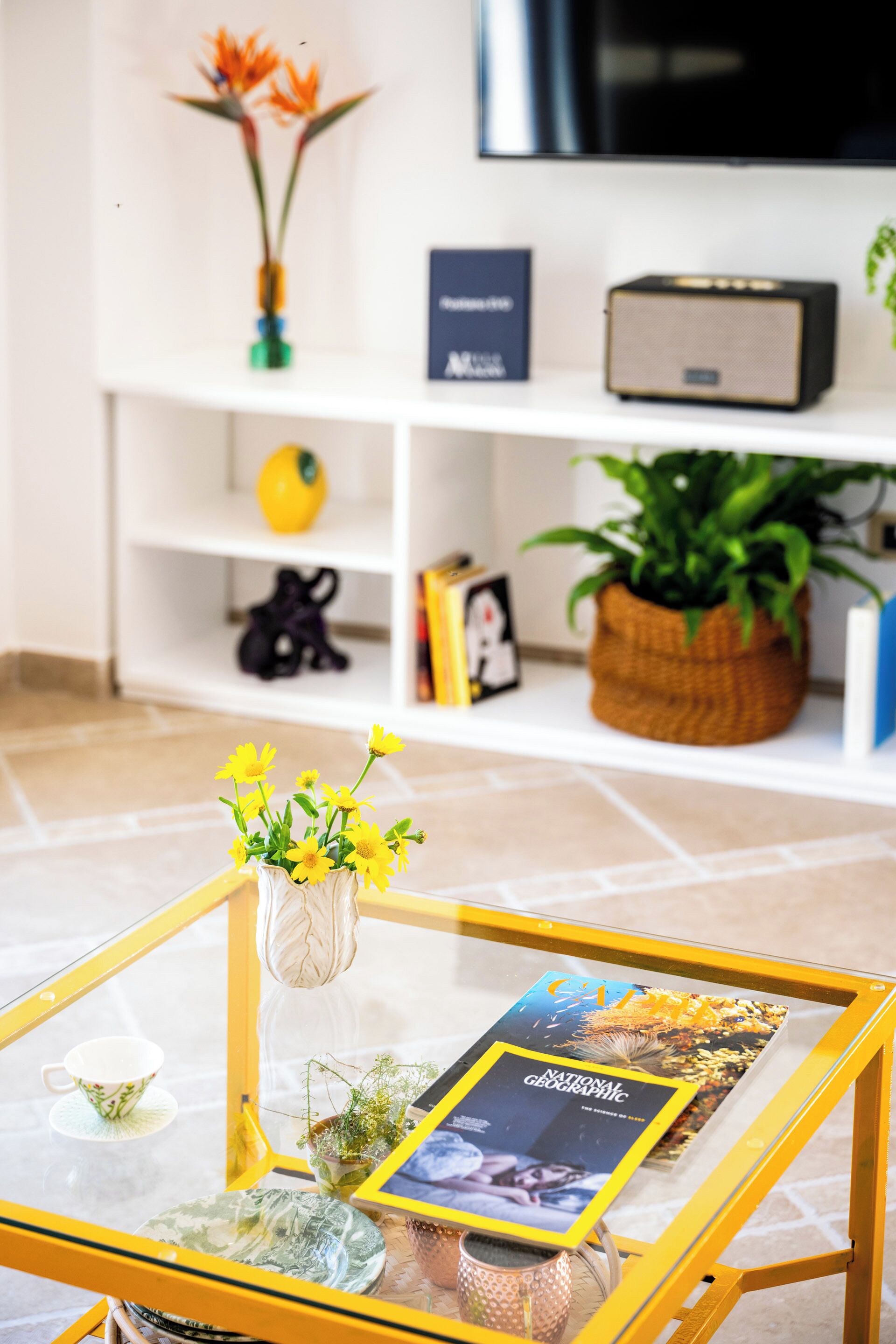 En stue med et sofabord i glas, et magasin, en vase med blomster, et fjernsyn og en bogreol.