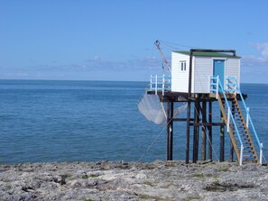 A wooden structure with a blue door, a net, and a staircase leading up to it. - Le Cottage, a house with a garden located 300 meters from the beach (Saint-Palais-Sur-Mer)