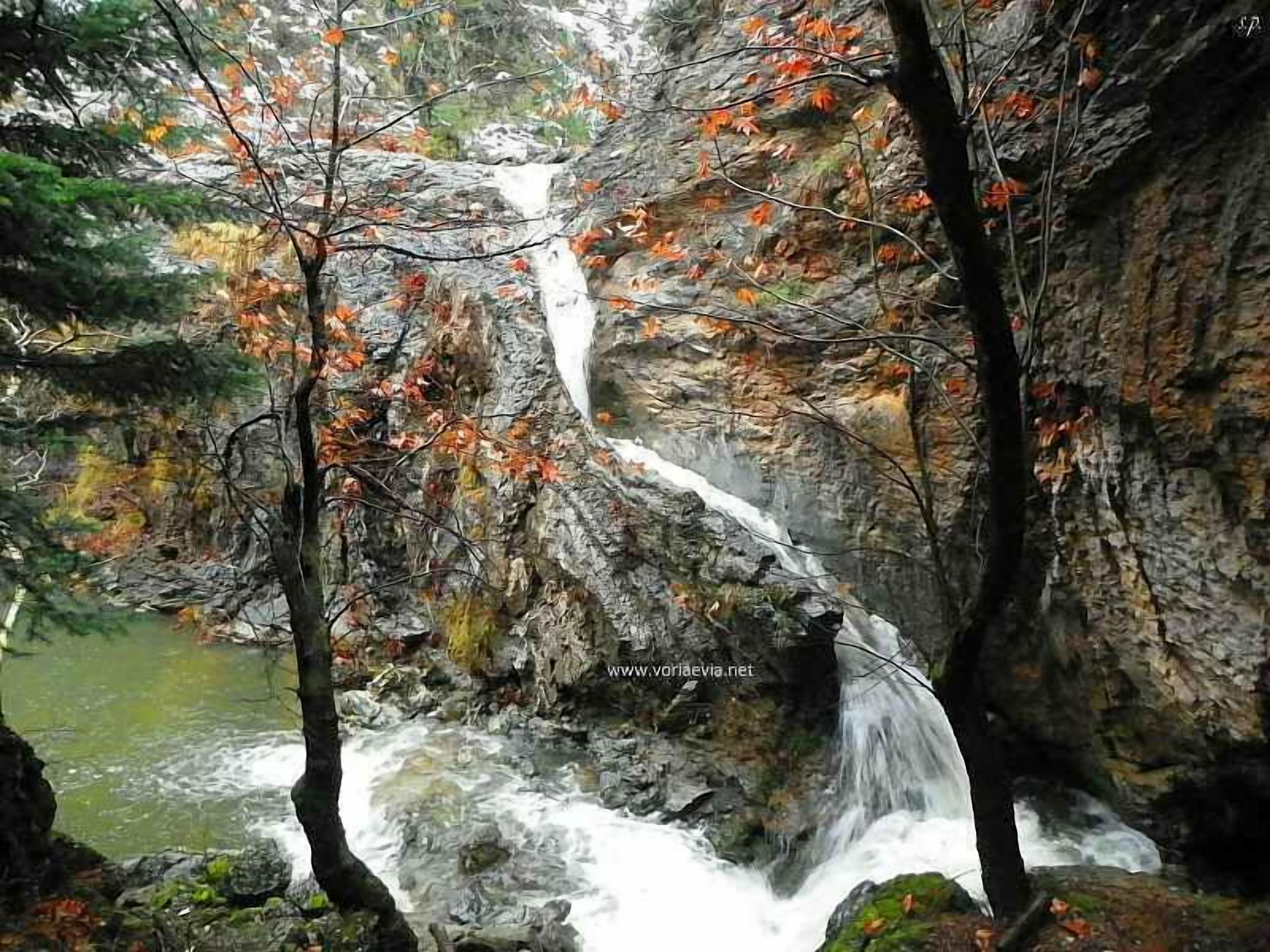 Ein Wasserfall stürzt über eine felsige Klippe, umgeben von Bäumen mit Herbstlaub.