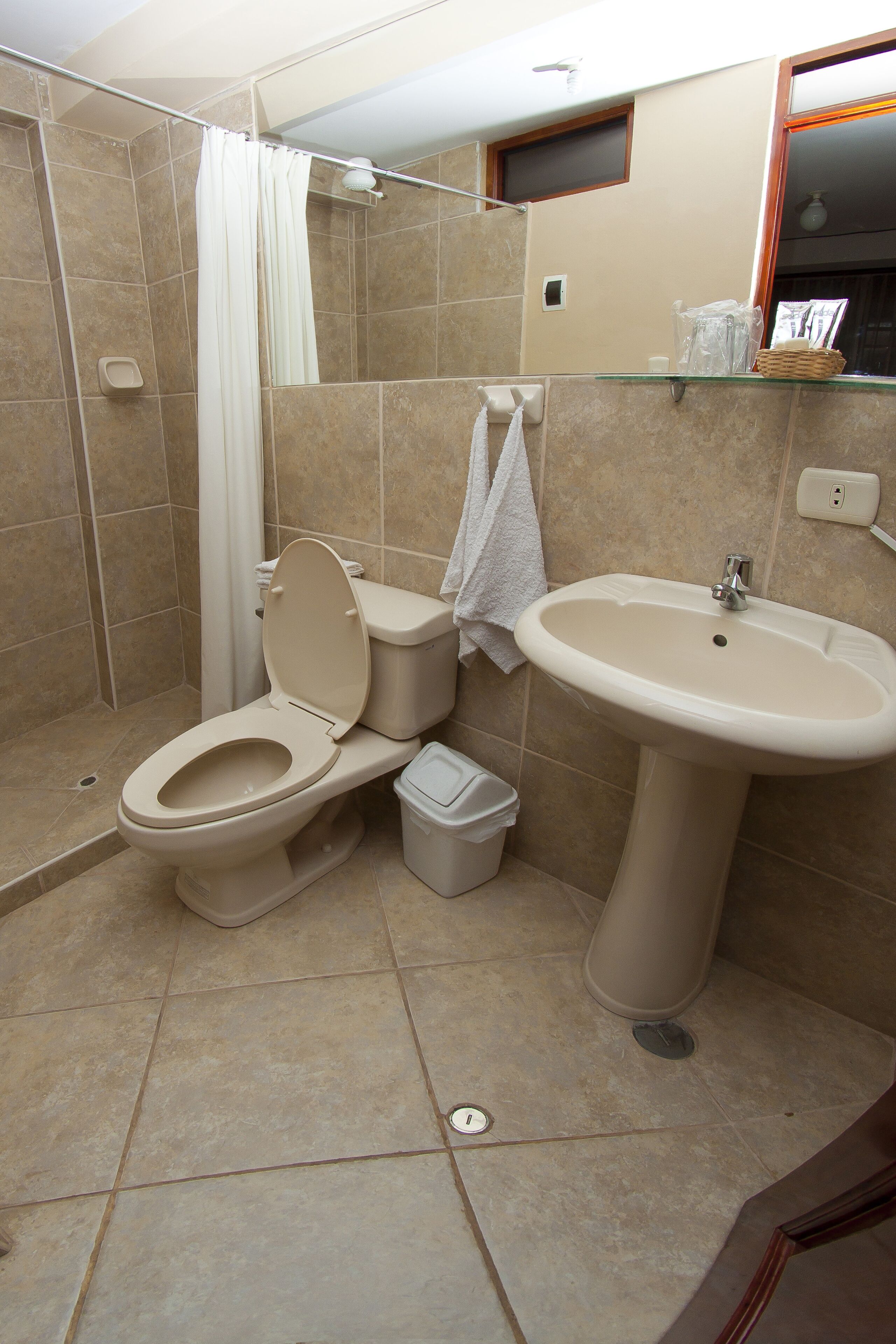A bathroom with a toilet, sink, and shower.